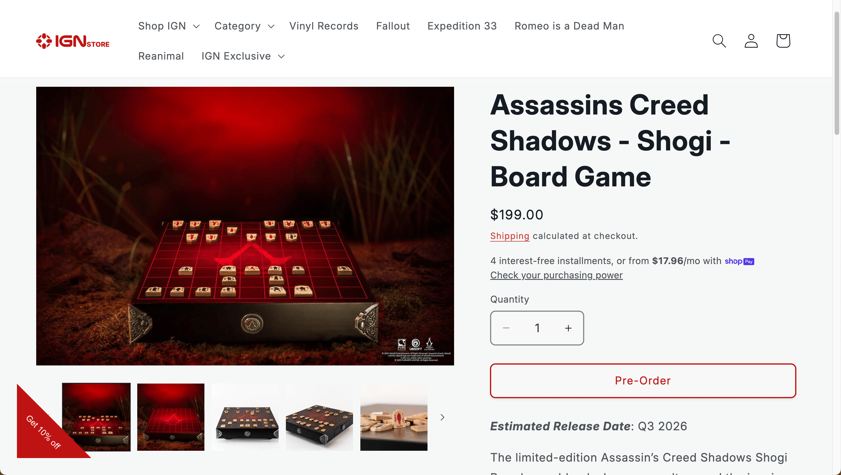 Screenshot of store.ign.com/products/assassins-creed-shadows-shogi-board-game
